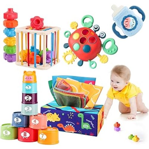 YOOYID 5 in 1 Baby Toys 6 to 12 to 18 Months, Montessori Toy for Babies 6-12 Months, Gifts for 1 Year Old, Sensory Toys for Babies, Baby Tissue Box, Stacking Cups, Shape Sorter Cube