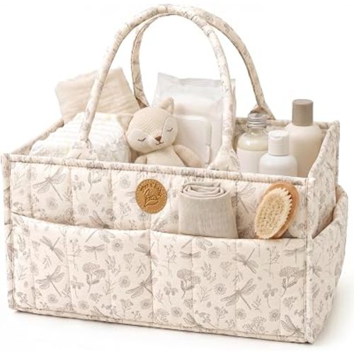 Floral Diaper Caddy Organizer - Portable Diaper Caddy with Handles & Removable Dividers - Large & Quilted Nursery Storage Basket for Girls - Woodland Nursery Decor & Wildflower Gift for Baby Shower