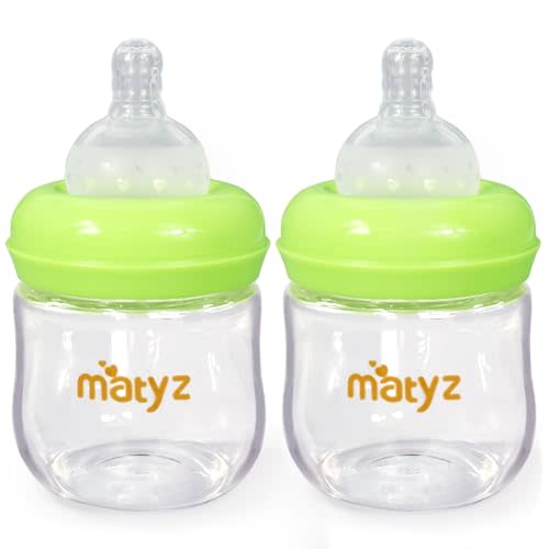 Matyz 2-Pack Glass Baby Breastfeeding Bottles with Caps (Green, 4Oz) - Wide Neck New Born Bottles for Baby Breastfeeding Bottles for 0-3 Months Babies - Glass Baby Bottles 4 Oz Breastfeeding Bottles