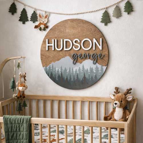 Woodland Theme Nursery Sign, Pine Tree Mountain Decor, Nursery Name Sign, Wildlife Nursery Decor, 3D Round Wood