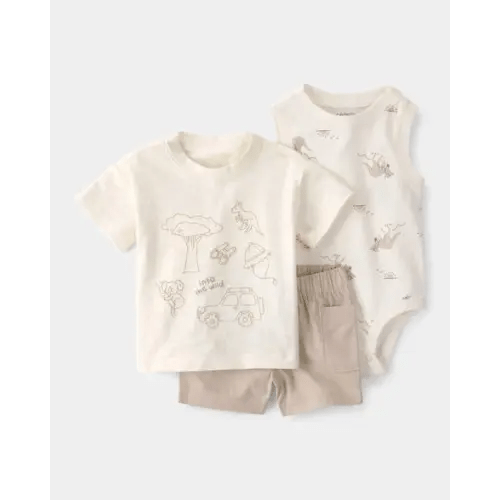 Baby Boy 3-Piece Into The Wild Top, Bodysuit & Short Set - Ivory/Brown | Carter's