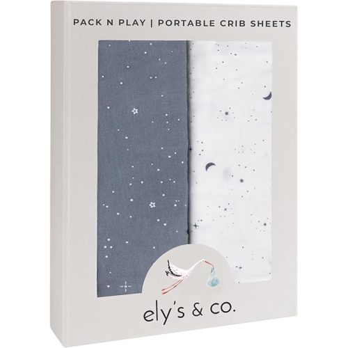 Ely’s & Co. Pack and Play Sheets, for Mini/Portable Crib, 2 Pack Fitted Playpen Play Yard Sheet Set Compatible with Graco Pack n Play, for Baby Boys, 100% Cotton, Celestial Blue Print, 38”x24”x5”