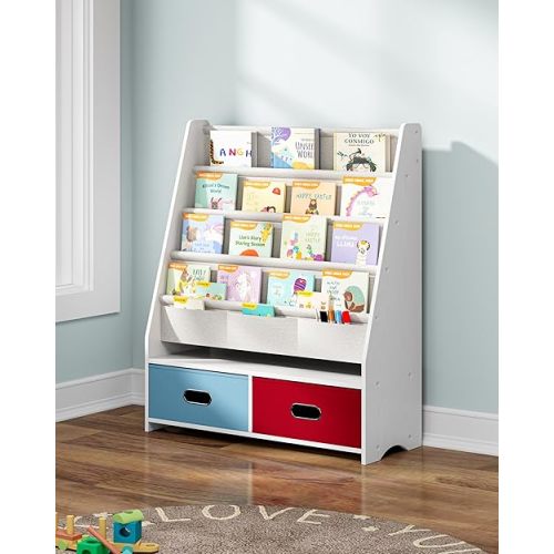 SEIRIONE Sturdy Kids Bookshelf, Children Display Rack, 4 Sling and 2 Storage Boxes for Toys Organizer, White/Wood Texture