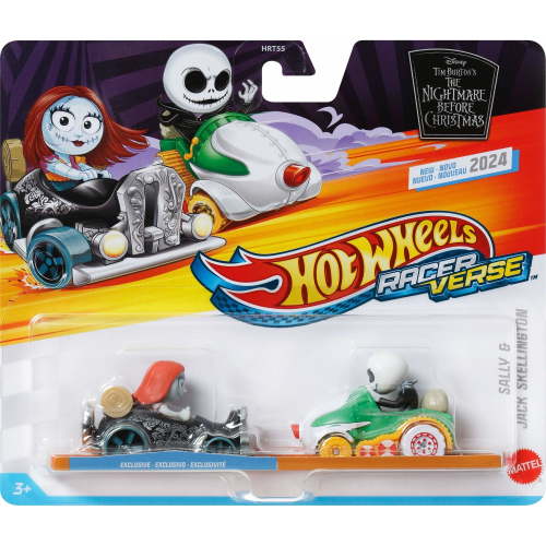 Hot Wheels RacerVerse The Nightmare Before Christmas Jack Skellington Vs. Sally Die-Cast Cars, Set of 2 Toy Vehicles with Character Driv