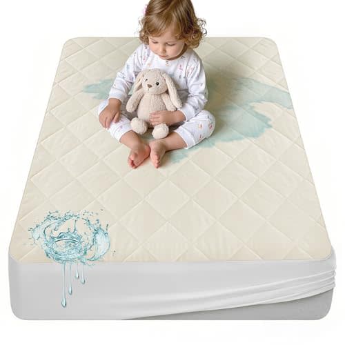 Lofe Organic Cotton Crib Mattress Protector - Top&Side Waterproof, 100% Waterproof Crib Mattress Protector, Breathable Baby Crib Mattress Cover, Toddler Crib Mattress Fitted 52x28x9 in