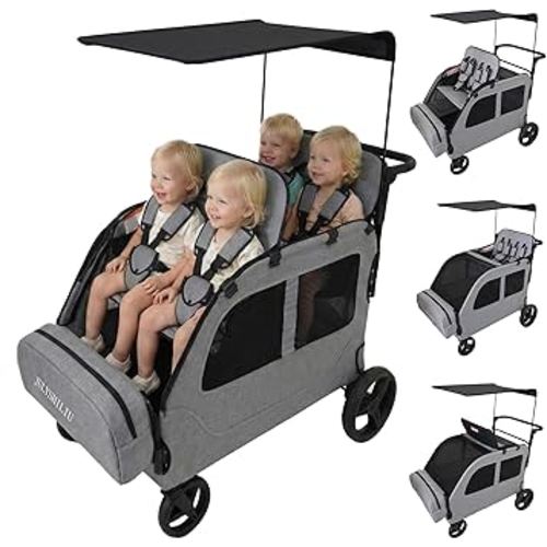 Car-Shaped 4 Seater Stroller Wagon for 2 3 Kids Foldable All-Terrain Quad Wagon with Removable Canopy, 5-Point Harness Elevated Seats, XL Storage Bag Shopping Outdoor (Light Grey)