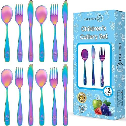 12 Piece Stainless Steel Kids Silverware Set - Child and Toddler Safe Flatware - Kids Utensil Set - Metal Kids Cutlery Set Includes 4 Small Kids Spoons, 4 Forks & 4 Knives - UV Rainbow