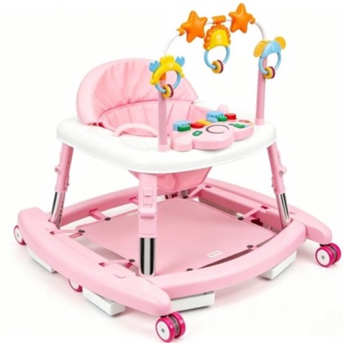Kmaier 5-in-1 Music and Lights Baby Walker Foldable with 5 Adjustable Heights,Pink