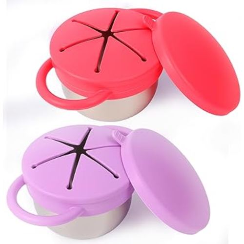 2 Pack Stainless Steel Spill Proof Snack Cup for Baby Toddlers Kids, with Silicone Food Catcher, Travel Lid, Spill-Proof Containers, Toddlers Essentials, Non Toxic BPA Free