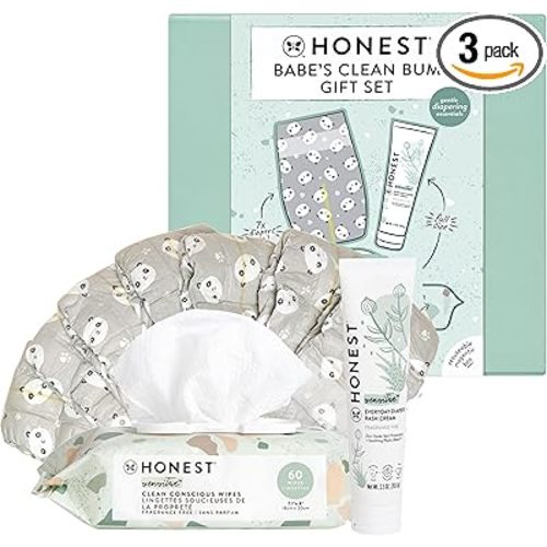 The Honest Company Babe's Clean Bum Gift Set, Diapering and Newborn Essentials 99% Water Wipes 60 ct Diaper Rash Cream 2.5 oz Conscious Diapers Size 1