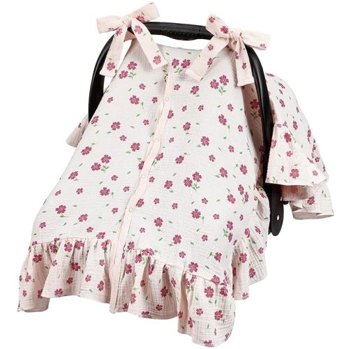 Tegeme Flower Muslin Car Seat Cover for Baby Girls Boys, Breathable Lightweight Infant Nursing Carseat Canopy Breastfeeding Cover Multi-use Carriers for Spring Summer Stroller Sun Shade