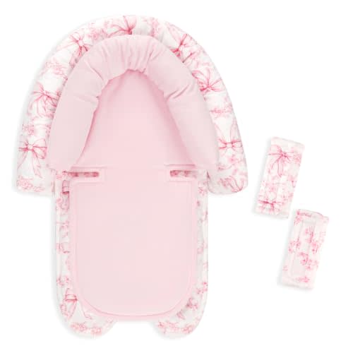 Baby Car Seat Head Support for Newborn, 2 in 1 Infant Car Seat Head Body Support with Strap Pads, Soft Stroller Cushion Pillow Insert for Girls, Fits for Stroller, Swing, Pink Bow & Flowers