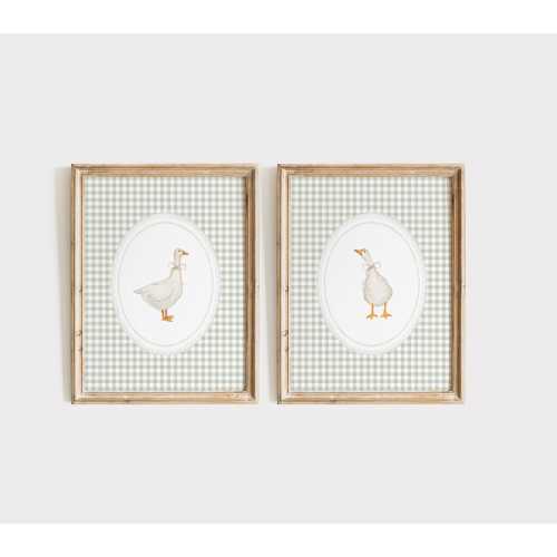 Goose Sage Green Nursery Wall Art Set, Duck Nursery Decor, Gingham Goose Print, Gender Neutral Nursery Decor, Vintage Kids Room Print