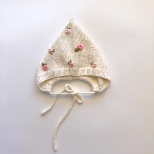 Pixie baby bonnet with rose embroidery - merino wool baby bonnet - embroidered bonnet - baby/toddler pixie hat