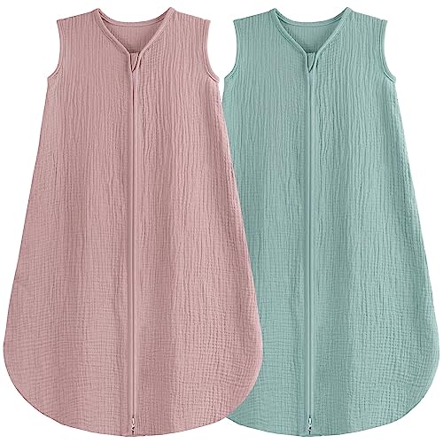 BSTOPPT 2 Pack Baby Sleep Sack 6-12 Months 100% Organic Cotton Muslin Baby Sleeping Bag 2-Way Zipper Toddler Wearable Blankets Comfy Stretchy Thin Sleep Sacks