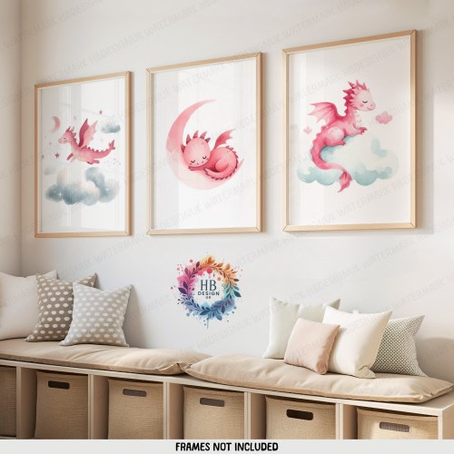 Pink Dragon Nursery Prints - Set of 3 Wall Art | Boys and Girls Bedroom Artwork | Playroom Posters | Artwork | Kids Dragons Decor