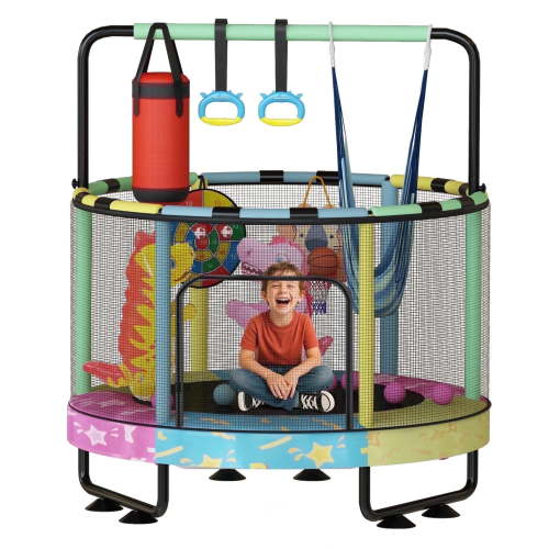 LinkRomat Round Trampoline for Kids, Indoor & Outdoor Toddler Trampoline with Enclosure, Adjustable Height Handrail & Durable Designs for Boys & Girls, 450lbs Capacity, 7-in-1, 55"