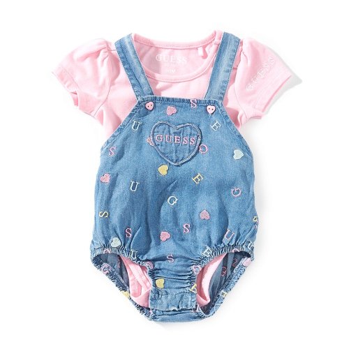 Guess Baby Girls Sleeveless Embroidered Chambray Romper & Short Sleeve Jersey Bodysuit Set