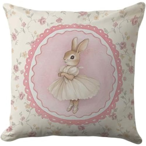 Throw Pillow Cover 18x18 Inch – Vintage Coquette Pink Floral Bunny Ballerina Pillow Case with Cameo Frame – Grandmillennial Cottagecore Nursery Cushion Cover for Girls Bedroom Decor