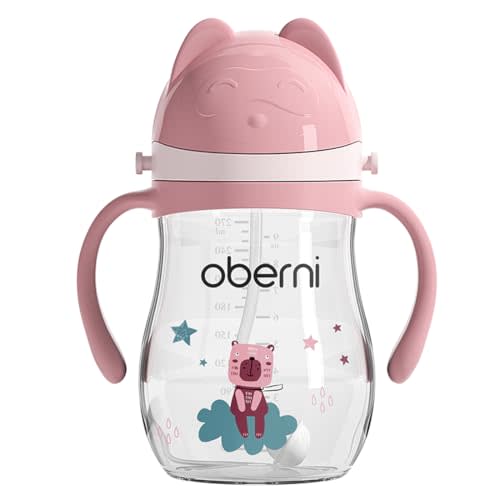 Oberni Leakproof Sippy Cups, Double Sealing No Spill Water Bottle with Weighted Straw and Non-Slip Handle for Toddler 1-3 Years, Tritan Baby Cups 12+ Months, 270ml/9oz (1Pack,Pink)