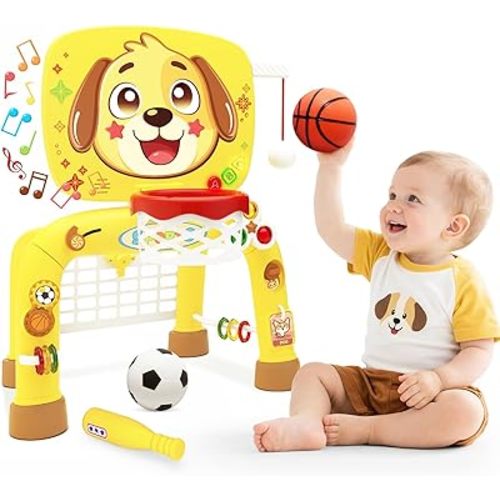Toys for 1 Year Old Boy - Toddler Basketball Hoop & Soccer Goal & Baseball Activity Center with Light Sound Music, Puppy Montessori Sports Toy, Christmas Birthday Gift for Baby 12-18 Months, Yellow