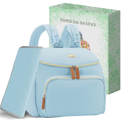 Compact Diaper Bag Backpack – Lightweight & Waterproof Baby Bag for Moms & Dads, Includes Changing Pad & Stroller Straps, Small Travel Diaper Backpack for Daily Use –Lt Blue