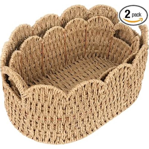 iEGrow Paper Rope Scalloped Basket, Set of 2 Woven Storage Wicker Baskets with Handle for Organizing and Shelves, Cute Boho Oval Baby Baskets for Decor, Towel, Toys, Nursery, Book, Gift Natural