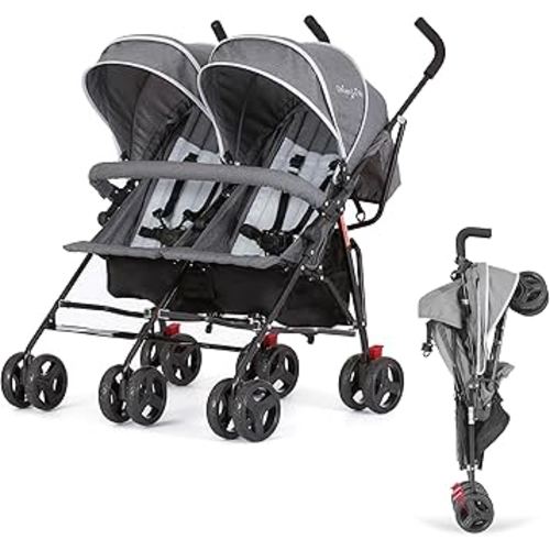 Dream On Me Volgo Twin Baby Stroller, Lightweight Side-by-Side Double Umbrella Stroller with Adjustable Canopy, 5-Point Harness, Storage Basket & Travel-Friendly Fold – Dark and Light Grey