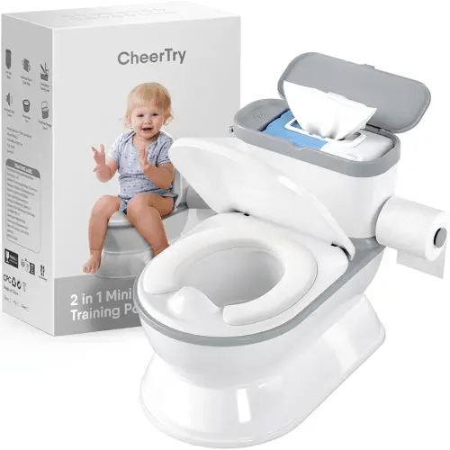 2-in-1 Toddler Potty Training Toilet - Larger Potty Chair & Detachable Training Seat for Boys & Girls Ages 1-3 with Flushing Sound, Wipes Storage, Toilet Paper Holder - Grey