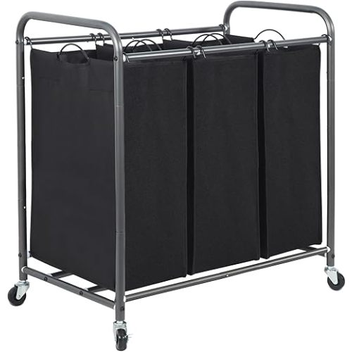 STORAGE MANIAC 3 Section Laundry Sorter, 35.9 Gal (136 L) Laundry Hamper Cart with Heavy Duty Rolling Lockable Wheels and Removable Bags, Clothes Organizer Basket Clothes Separator Hamper, Black
