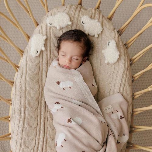 Baby Swaddle Blanket - 100% Luxury Cotton Knit Soft Cozy Lightweight Unisex Receiving Crib Stroller Quilt Blanket for Shower Gift Registry for Newborns Infants Toddlers (Sheep - Khaki)