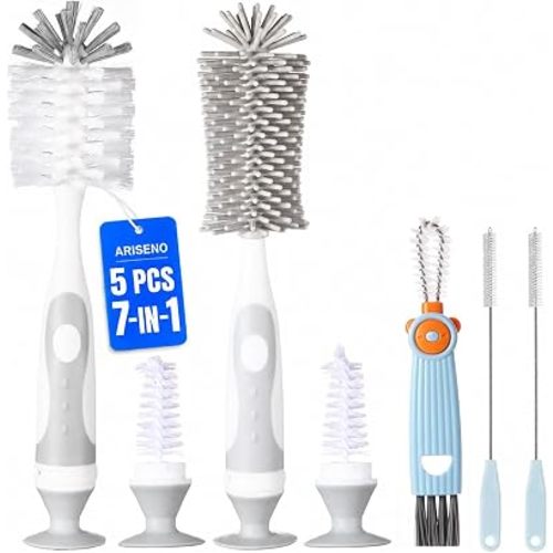 Ariseno 7-in-1 Baby Bottle Cleaner Set, Including Nylon & Silicone Bottle Brush, Cap, Straw & Nipple Brushes, BPA-Free (Gray)