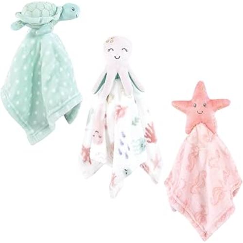 Hudson Baby Unisex Baby Animal Face Security Blanket, Pastel Sea 3-Pack, One Size
