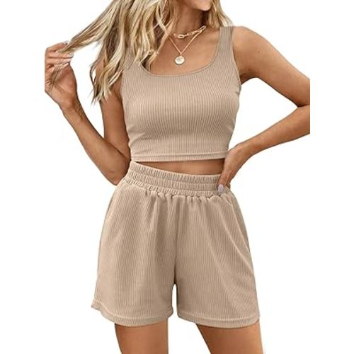 Trendy Queen Two Piece Summer Outfits 2 Piece Sets 2026 Sleeveless Matching Lounge Crop Top High Waisted Short