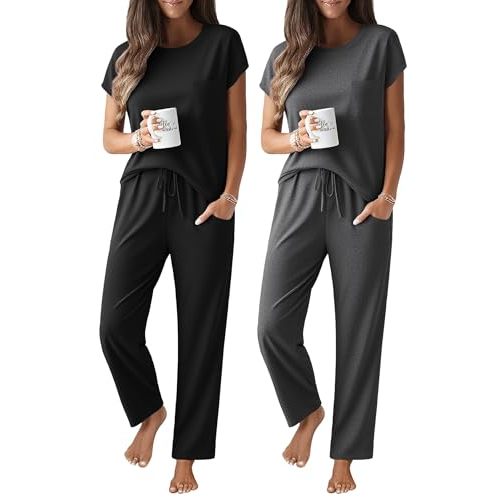 Ekouaer 2 Packs Pajamas for Women Set Cap Sleeve Top and Pants Soft Sleepwear Comfy Pjs Set with Pockets Lounge Set