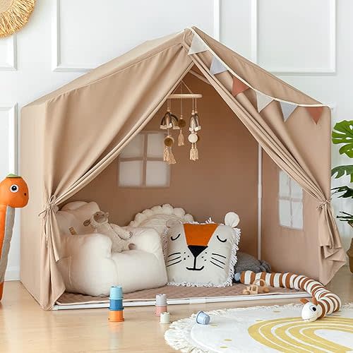 Kids Play Tent with Mat, Large Playhouse Tent Indoor, Kids Castle Tent for Girls Boys, Play Cottage (Khaki)