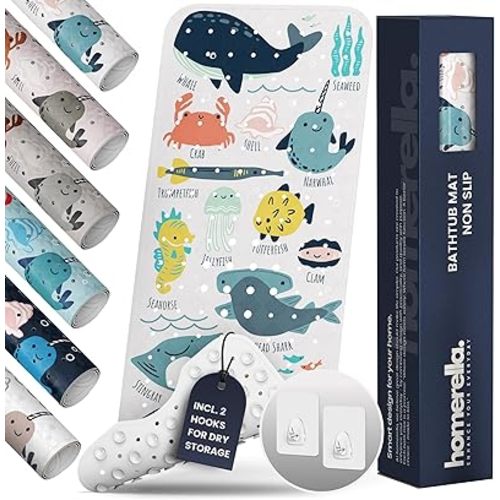 Bath Tub Mat Non Slip Anti Mold for Kids BPA Free INCL Hooks - homerella® Ocean Sea Animals 40x16, Baby Bath Mat Non Slip 200 Suction Cups, Non Toxic Machine Washable Toddler Bath Mat, EU Certified
