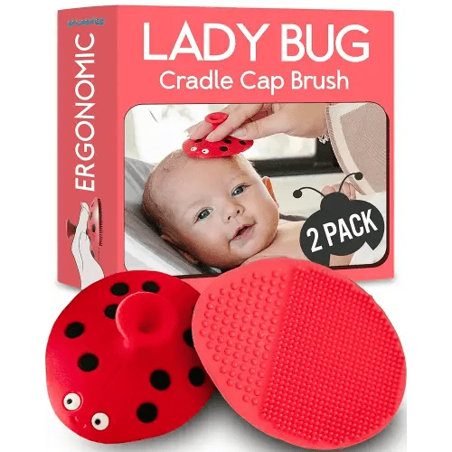 SplashEZ Cradle Cap Brush for Babies | Soothing Newborn Head Massager | Food-Grade Soft Silicone Baby Bath Brush & Scalp Scrubber | Infant Cradle Cap Comb - Organic Shape & Ladybug Design, 2-Pack