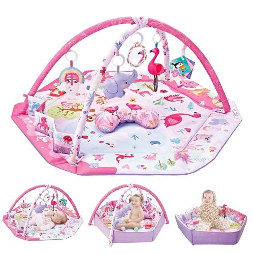 Baby Gym Play Mat,9-in-1 Tummy Time Mat with Ball Pit & Detachable Toys,Washable Foldable Baby Activity Mat for Infants and Toddlers from 0-6-9-12 Months