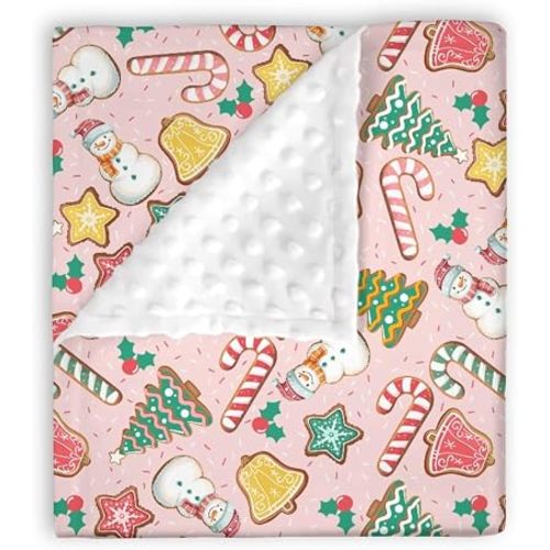 Mink Baby Girls Blankets Christmas Gingerbread Cookies, Pink Xmas Tree Snowman Soft Double Layer Dotted Backing Receiving Swaddle, Newborn Infant Toddler Nursery Crib Bedding Shower Gift 30x40