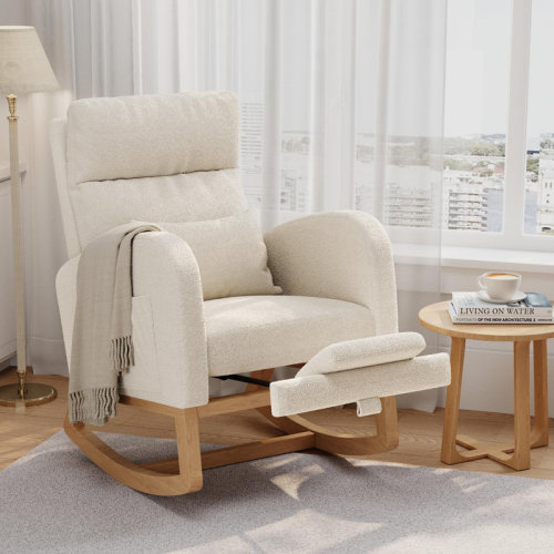 Latitude Run® Modern Nursery Glider with Footrest, Pillow & Side Pockets, Soft Fleece Rocking Chair for Living Room or Nursing Room, Lambswool (with Footrest) | Wayfair