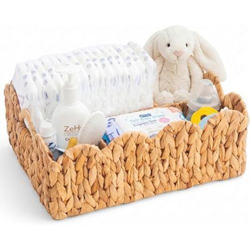 LifeLAZA Scalloped Water Hyacinth Diaper Caddy Basket, Handwoven Wicker Diaper Caddy & Changing Table Organizer with Dividers, Nursery Storage for Baby Essentials