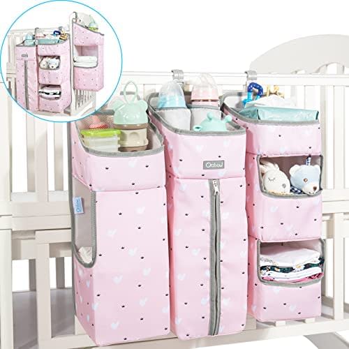 Hanging Diaper Caddy For Baby Essentials | Crib Organizer No Sagging | Diaper Organizer for Changing Table, pack n play, Wall(Pink)