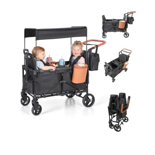2-in-1 Wagon Stroller for Two Kids – Foldable Push & Pull All‑Terrain Wagon with Canopy, 5‑Point Harnesses, 2-in-1 Storage Bag (Converts to Shoulder Bag), Lightweight, Compact – Black
