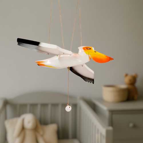 Hand-Painted White Pelican Mobile – Wooden Flying Bird Decor with Flapping Wings – 29.5" Wingspan – Eco Bird Art – Handmade in Ukraine
