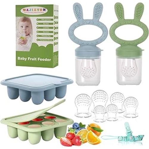 WAJIAYON Easter Bunny Baby Breastmilk Popsicle Molds & Baby Fruit Feeder,Infant Food Freezer Tray Storage Containers, Silicone Teething Pacifier Feeder and Teether for Babies,Moss and Fawn