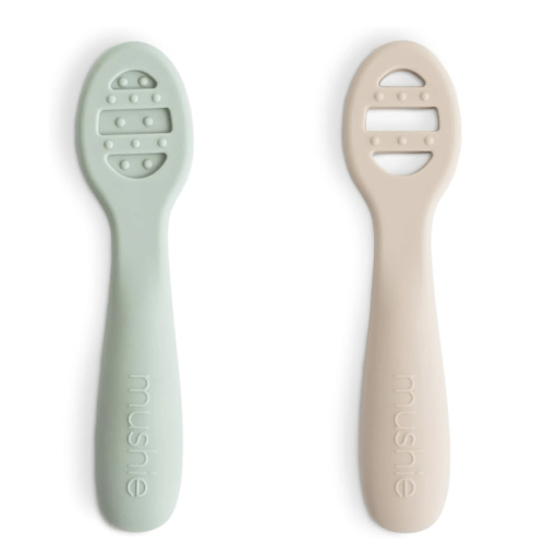 mushie Silicone First Feeding Baby Spoons | 2 Pack (Cambridge Blue/Shifting Sand)