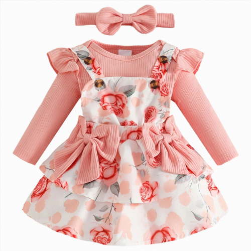 mgoYE Newborn Baby Girl Clothes Toddler Long Sleeve Fall Outfit Ruffle Romper Top Infant Skirt Set Little Girl Overall Dress(Light Pink,6-9 Months)