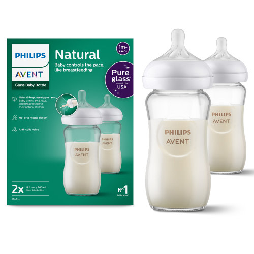 Philips Avent Natural Glass Baby Bottles with Natural Response Nipples (Medium Flow, Flow 3), 8oz, 2-Pack, SCY913/02