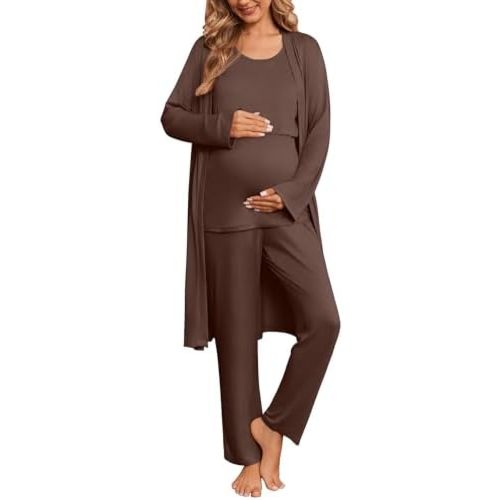 Ekouaer Nursing Pajamas Maternity Robe Set 3 Pieces Postpartum Maternity Pajama Set Pregnancy Breastfeeding Pj